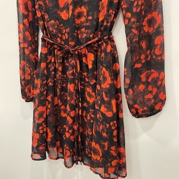Mimi Chica Long Sheer Sleeve Floral Tie Waist Mini Dress Fit & Flare Red Black - Picture 3 of 5